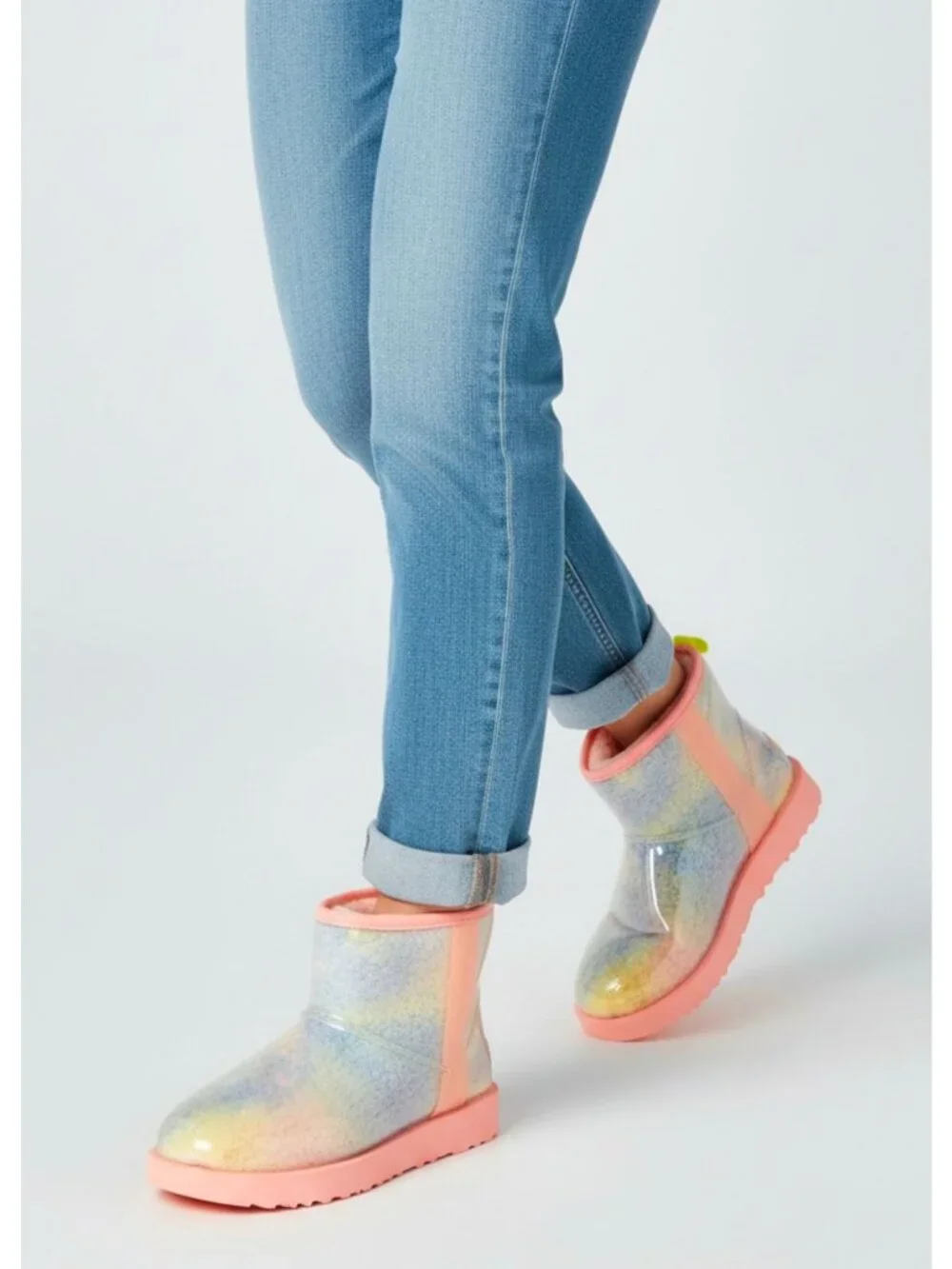 Rainbow Gradient Womens Ankle Boots With Transparent Glossy Outer Layer & Pink S